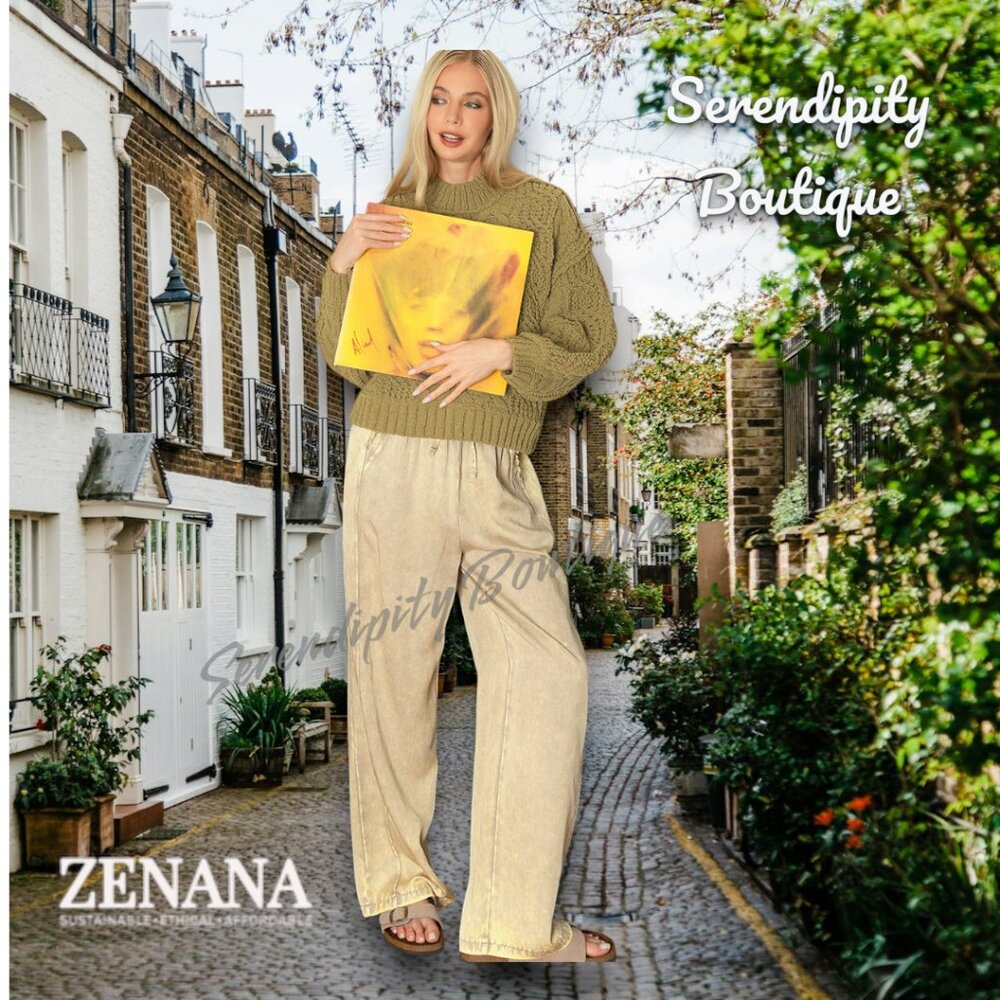 Zenana Mineral Wash Soft Comfy Flare Leg Elastic Drawstring Paper Bag Pants - Picture 2 of 12